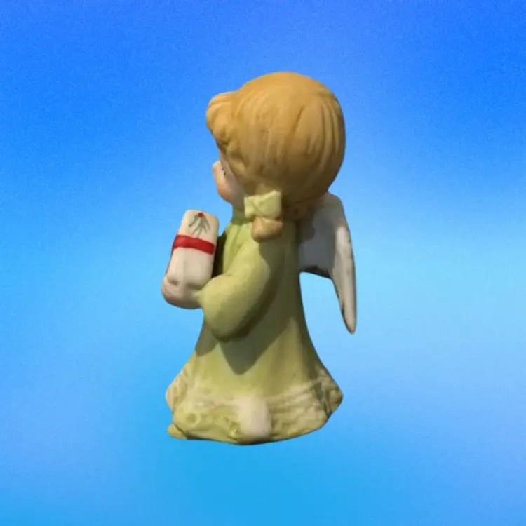 Vintage Bisque Sweet Angel with Christmas Gift Figurine, 2.5 inches tall