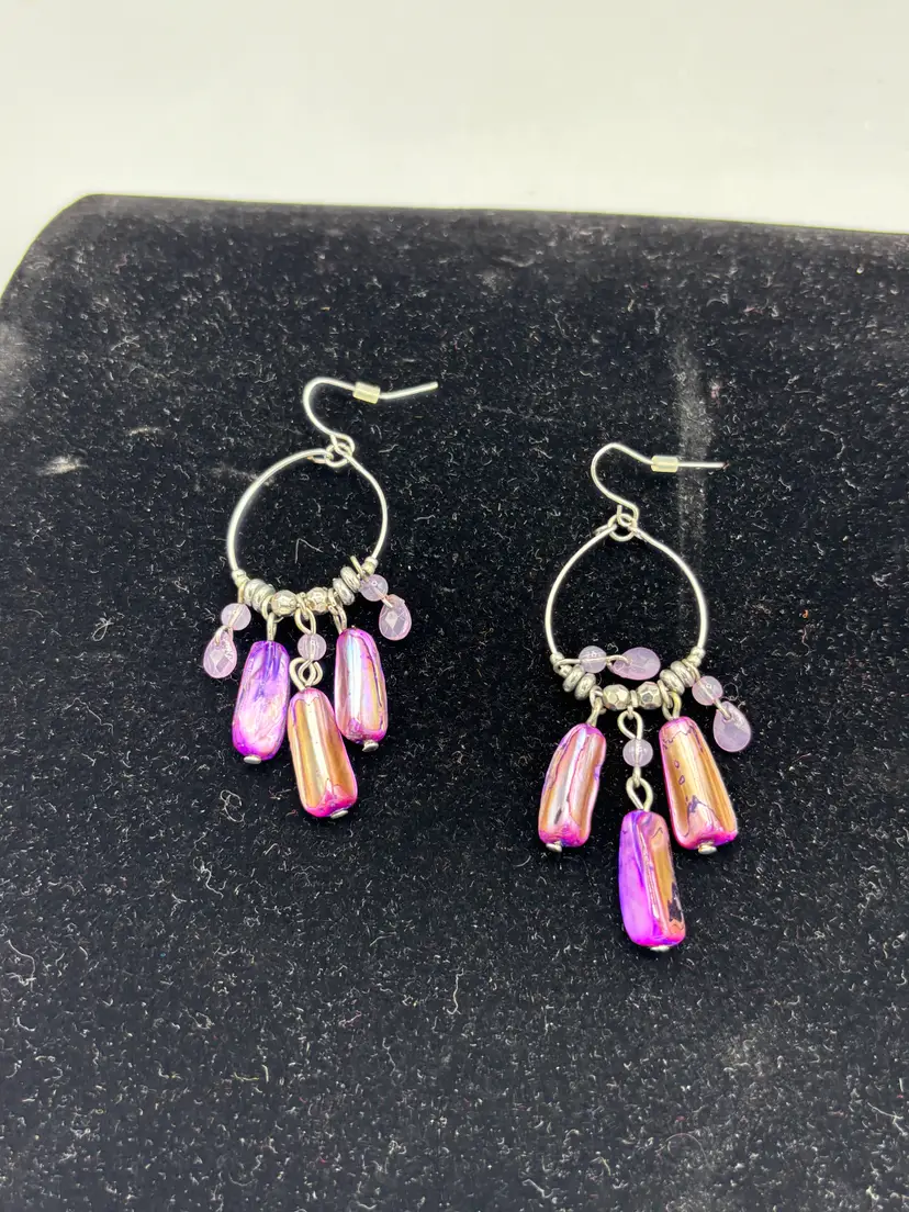 Silver tone Purple stone dangle hoop earrings