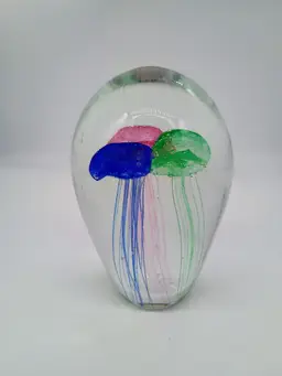 Art Glass Triple Jellyfish Paperweight  Pink ,Green and Cobalt Blue.