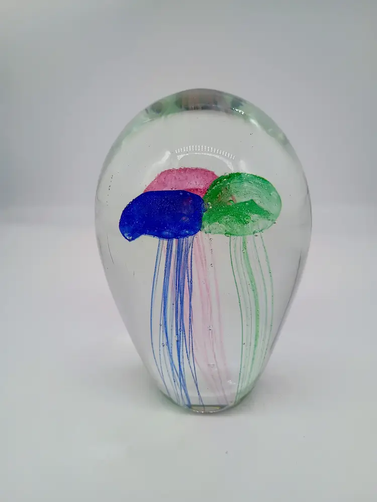 Art Glass Triple Jellyfish Paperweight  Pink ,Green and Cobalt Blue.
