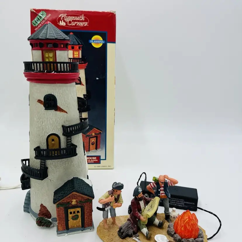 Lemax Village Plymouth Corners Porcelain Lights Up Lighthouse 1998 Pirates VTG
