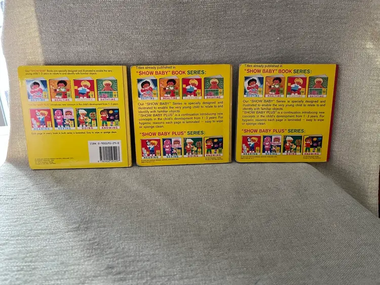 1973 1974 Brimax 3 Board Book Show Baby Series Mealtime Bathtime Hearing Toddler