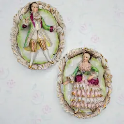 Vintage Reproduction Courting Couple Figural Bone China Oval Wall Plaques 1950s