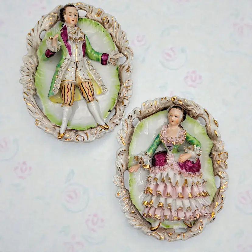 Vintage Reproduction Courting Couple Figural Bone China Oval Wall Plaques 1950s