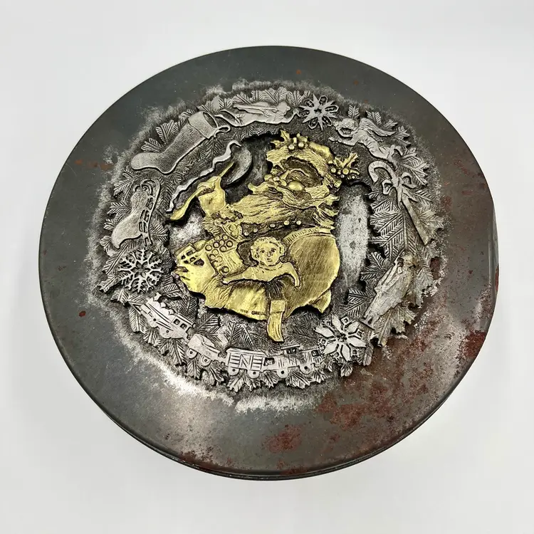 Metzke Vintage Pewter On Tin Christmas Tin, 8" Diameter, 3" High Santa Container