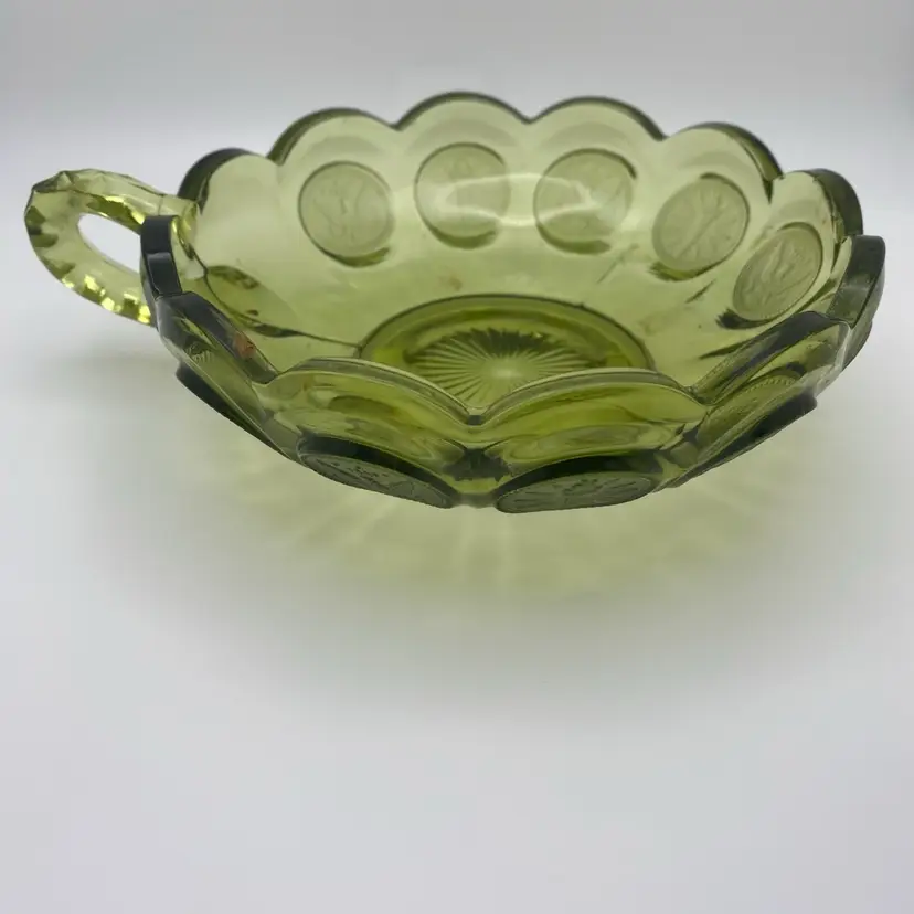Vintage Fostoria Olive Green Coin Dot Nappy Bowl 6.5in