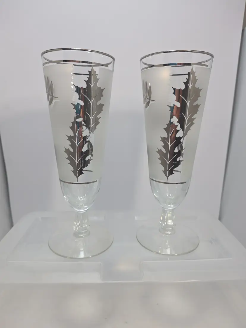 Vintage Libbey Silver Leaf Pilsner Glasses MCM Barware  10 oz Set of 2  8.25"
