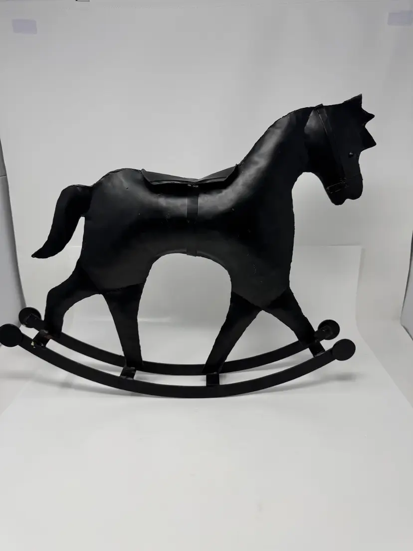 Vtg Primitive Black Metal Rocking Horse Figure Sculpture 16” tall X 19” long