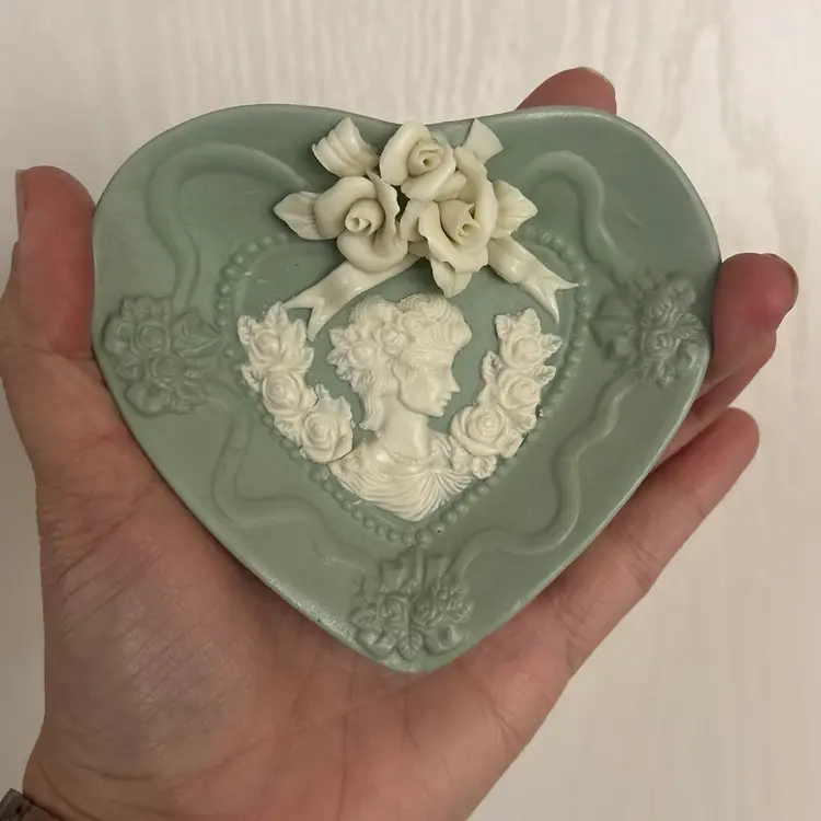 Vintage Jasperware Style Matte Porcelain Heart Shaped Bud Vase & Trinket Dish Set