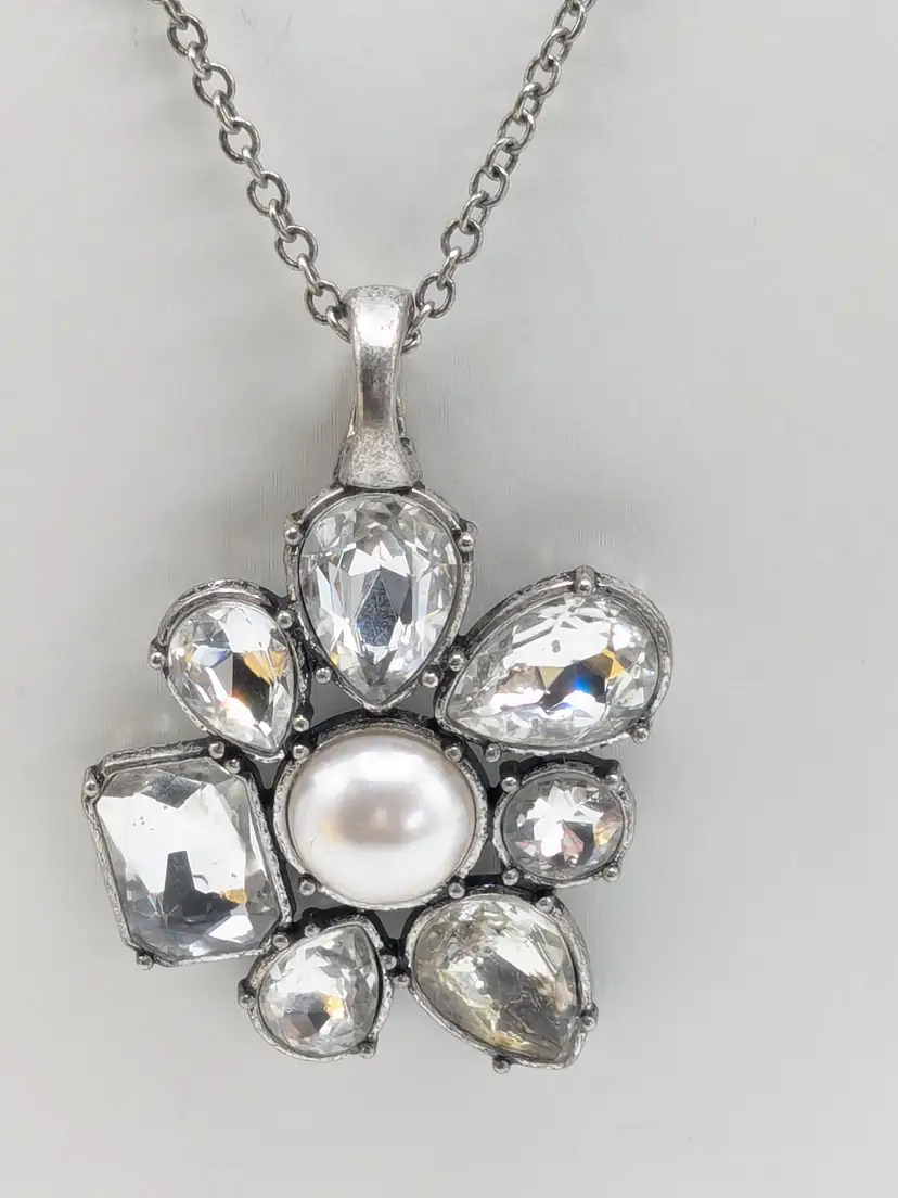 Premiere Designs Silver Tone Rhinestone Faux Pearl Pendant Necklace