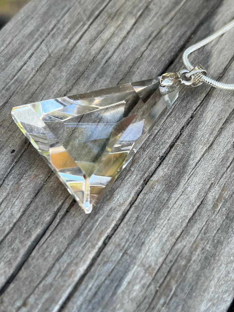 Clear Crystal Quartz Faceted Triangle 925 Sterling Silver Necklace 18"