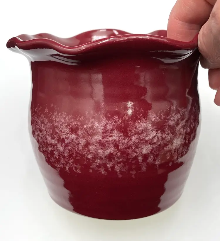 Studio Pottery Cache Pot/Planter, Ruffled, 5", Berry Red w/Speckled Band, Signed