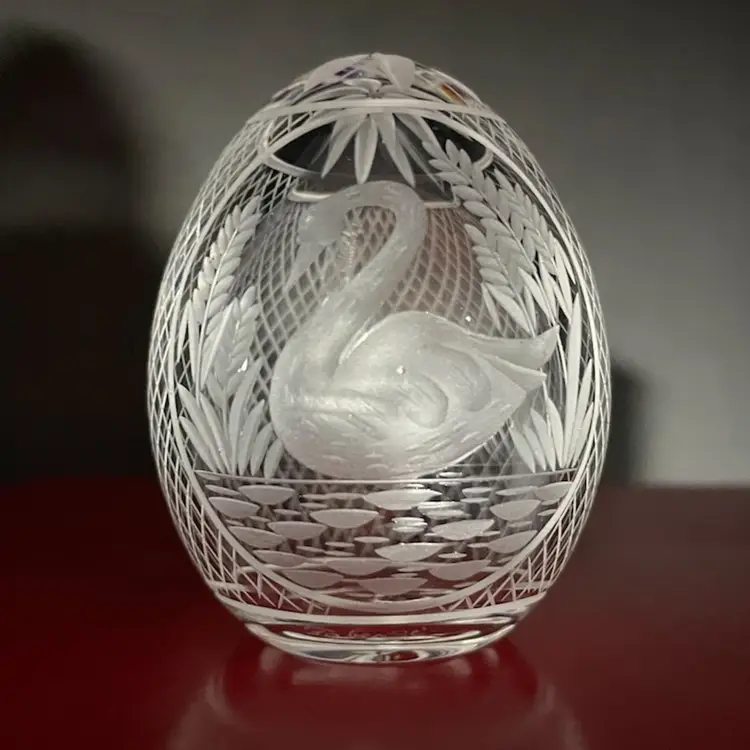 Faberge Cut Crystal Glass Russian Imperial Swan Bird Egg Signed