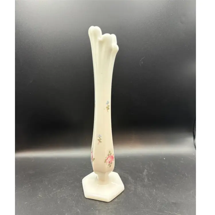 Westmoreland Hand-Painted Milk Glass Swung Vase -9 1/2 In