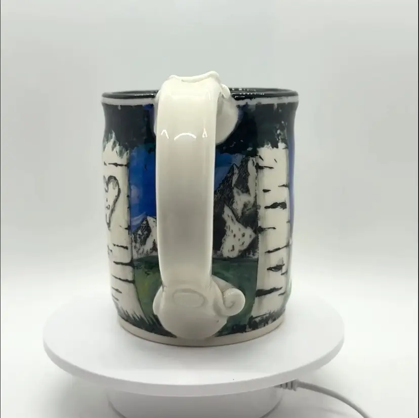 Studio Art Pottery Large Mug Forest Mountain Scene Raccoon Aspen Melony Sawyer
