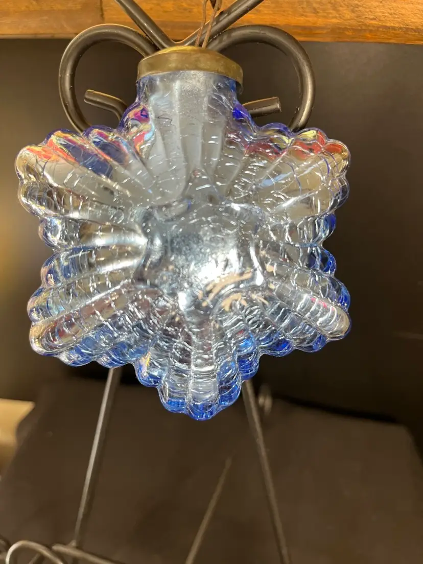 Blue Art Crackled Glass 6 Point Star Ornament w/ Bronze Hanger. Lot 53