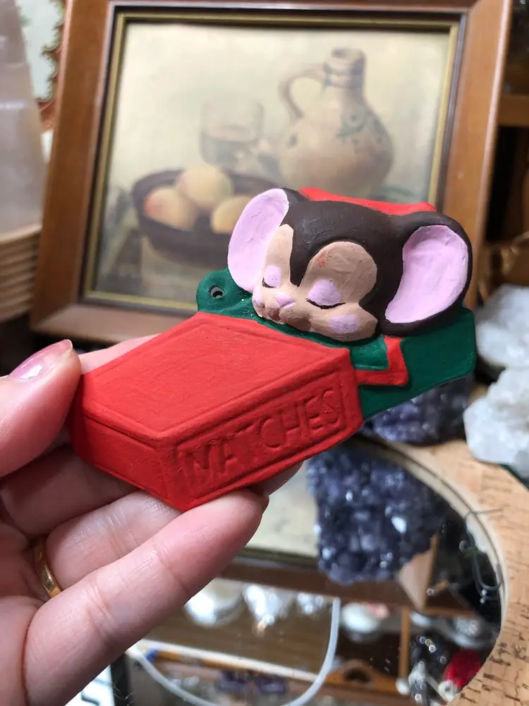 Vintage Handpainted Mouse Matches Bed Ornament 🐭🎄