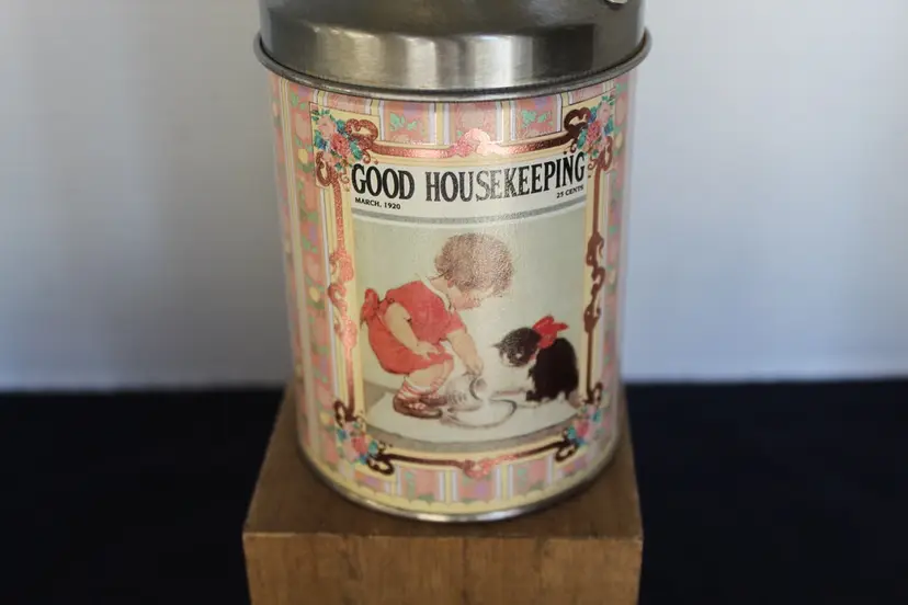 1920 Good Housekeeping Cover Collectible Tin Olive Can Co 6"x4” Girl Cat Kitten