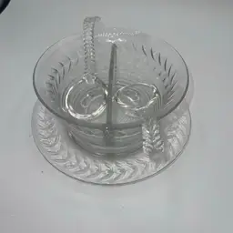 Vintage Glass Mayonnaise Bowl Underplate 2 Ladles Etched Divided Beautiful