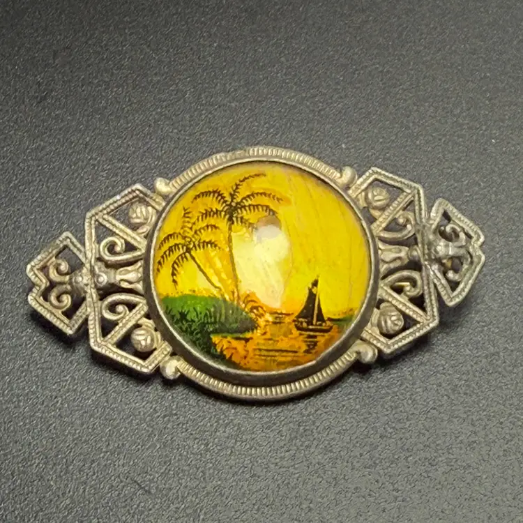Antique Morpho Butterfly Wing Reverse Painted Brooch Palm Tree Tropical Bubble