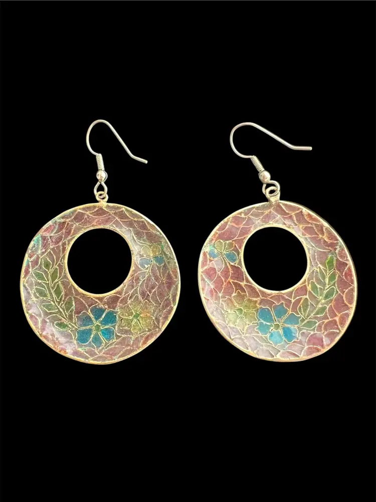 Vintage Cloisonne Stained "Glass" Plique A Jour Statement Hoop Pierced Earrings