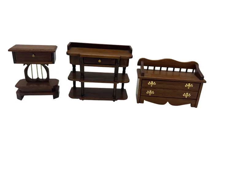 J.B. Miniatures Wood Dollhouse Furniture Lyre Table, Tiered Stand & Bench 1:12