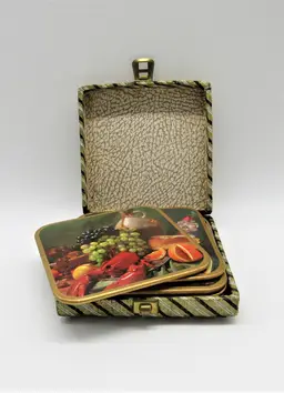 Set of 6 Mid Century English Coasters, Win-El-Ware Pressed Wood, Banquet Themed in Case