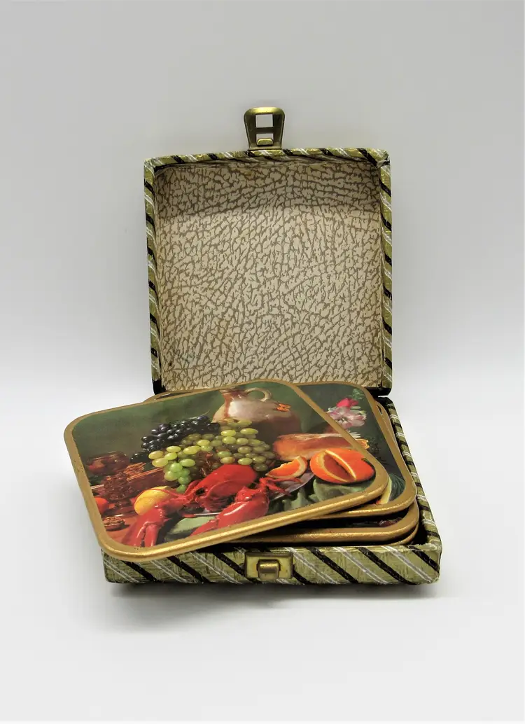Set of 6 Mid Century English Coasters, Win-El-Ware Pressed Wood, Banquet Themed in Case