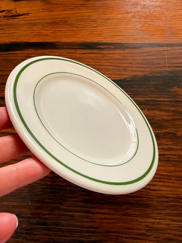 Vintage Buffalo China 7 Inch Plate Green Band Restaurant Ware, 1965 Diner Plate, Heavy Vitrified China, Made in USA, Farmhouse Kitchen Decor
