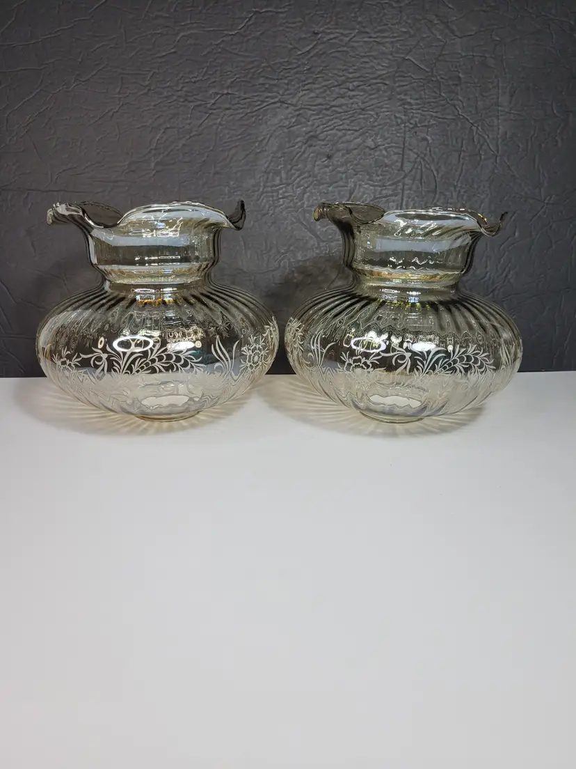 Set of Two Iridescent Golden Glass Lamp Shades with Floral Details