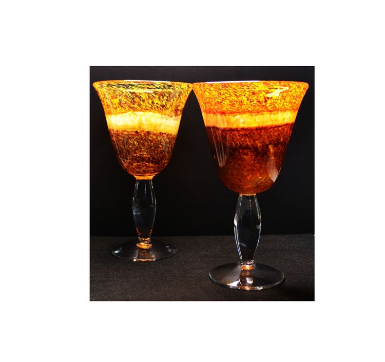 Hand Blown Art Glass Goblets Fiery Molten Orange Red Stemware Vintage Barware