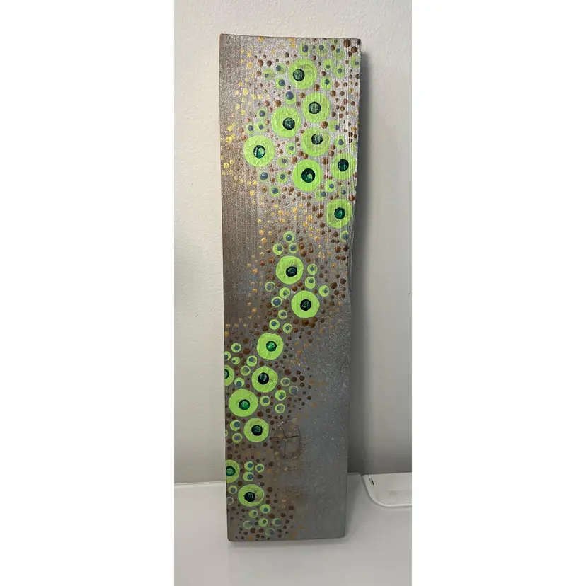 Original Green Dot Painting on Reclaimed Wood Signed
