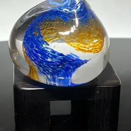 Caithness Blue And Topaz Pebble Glass Paperweight