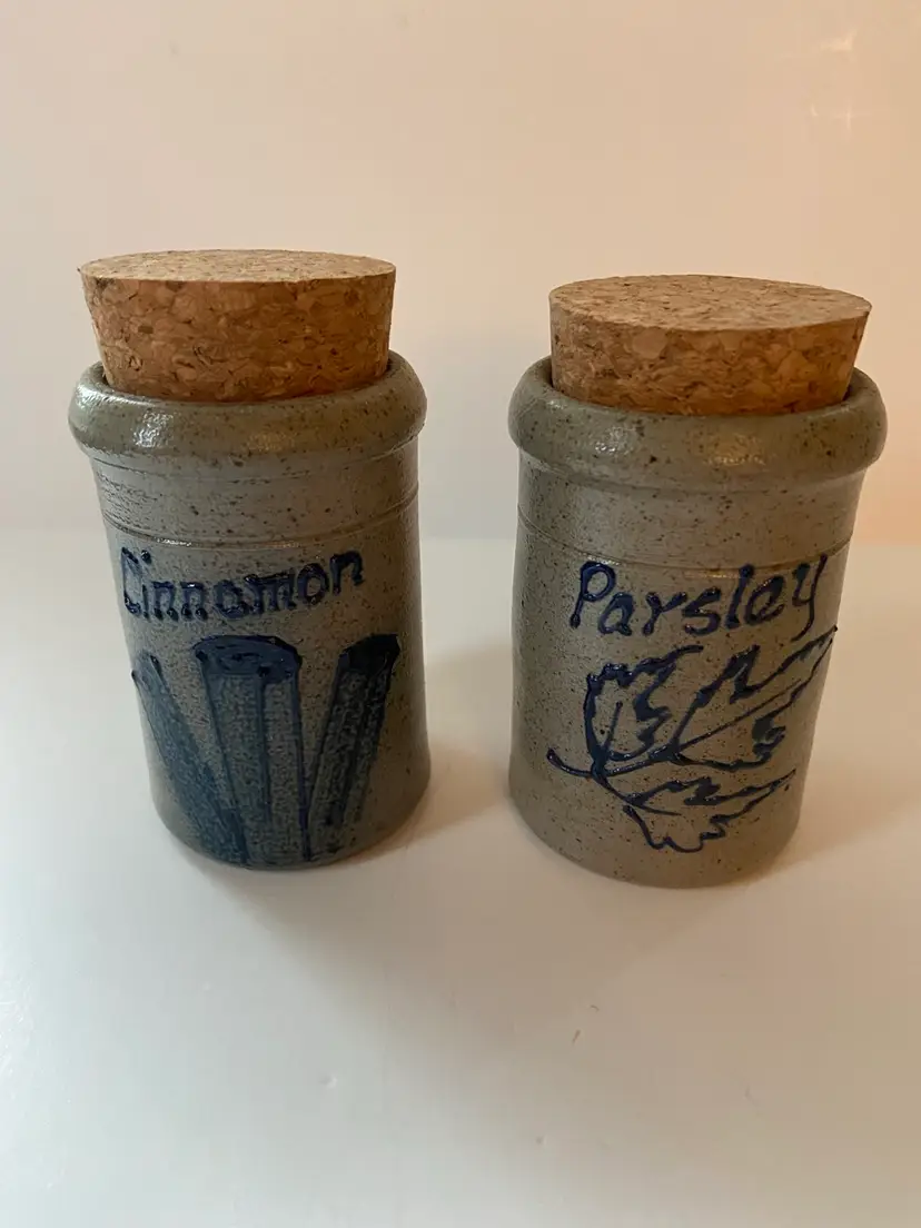 Set Of Two Rockdale Union Stoneware Spice Containers With Corks. Cinnamon & Parsley
3.5” X 2”