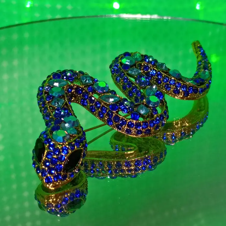 Blue Rhinestone Snake Brooch Gold Tone Sparkly Statement Serpent Pin Costume (Inv - 04)