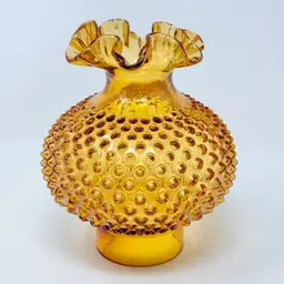 Vintage Fenton Hobnail and ruffled amber glass hurricane oil lamp shade
