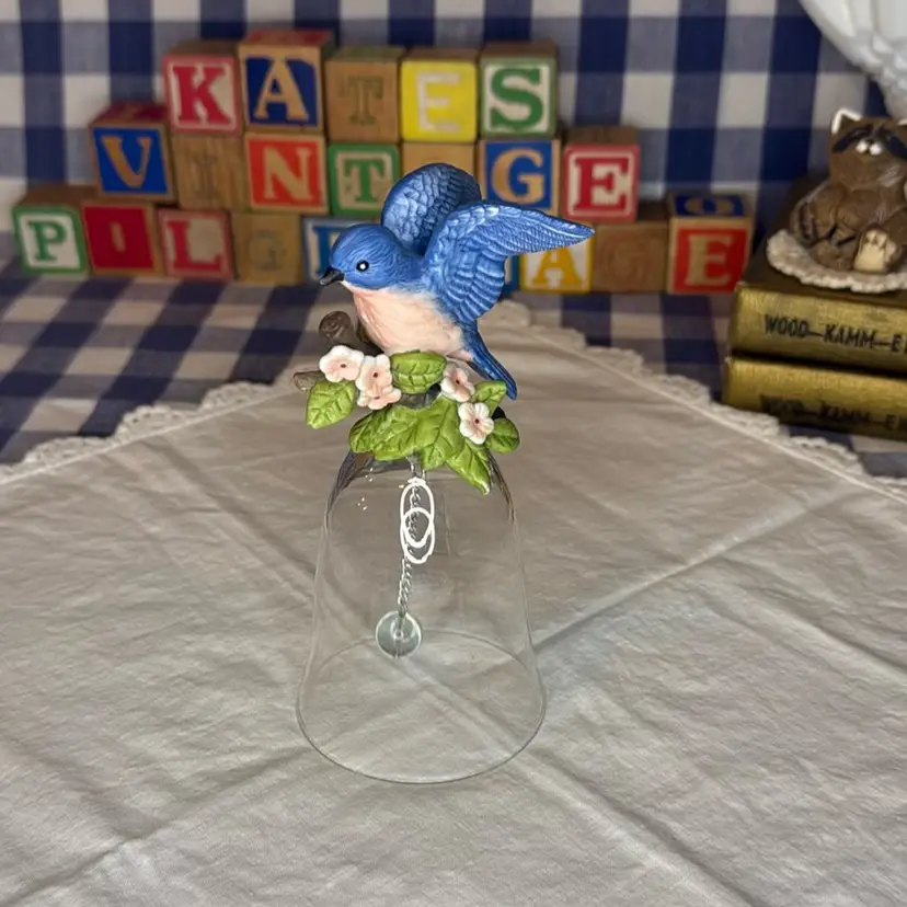 Porcelain Bluebird On Branch With Flowers Crystal Bell With Glass Clapper.