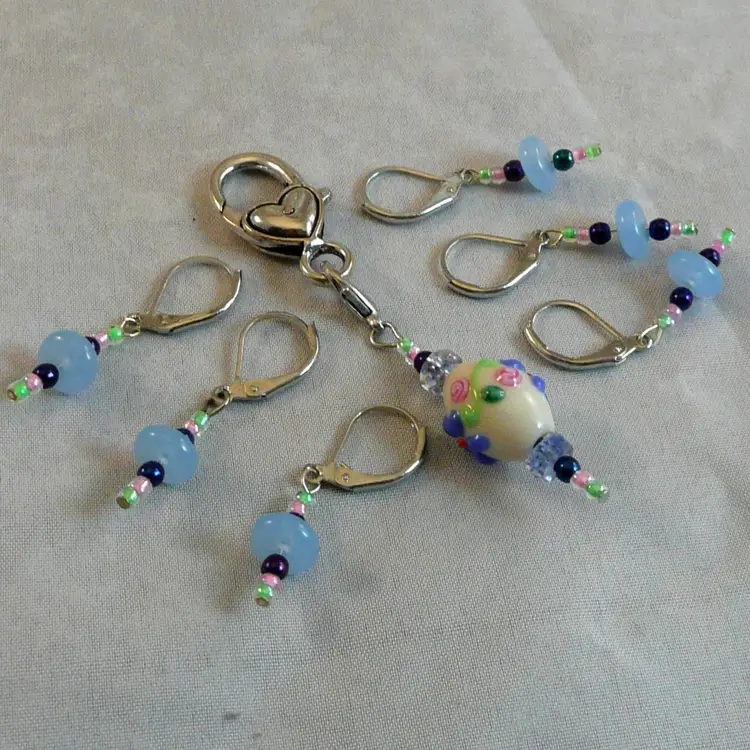 Lampwork Flower Oval Bead Knit Crochet Begin Row Marker 6 Stitch Markers Blue Disk Seed Beads Repurposed Broken Jewelry