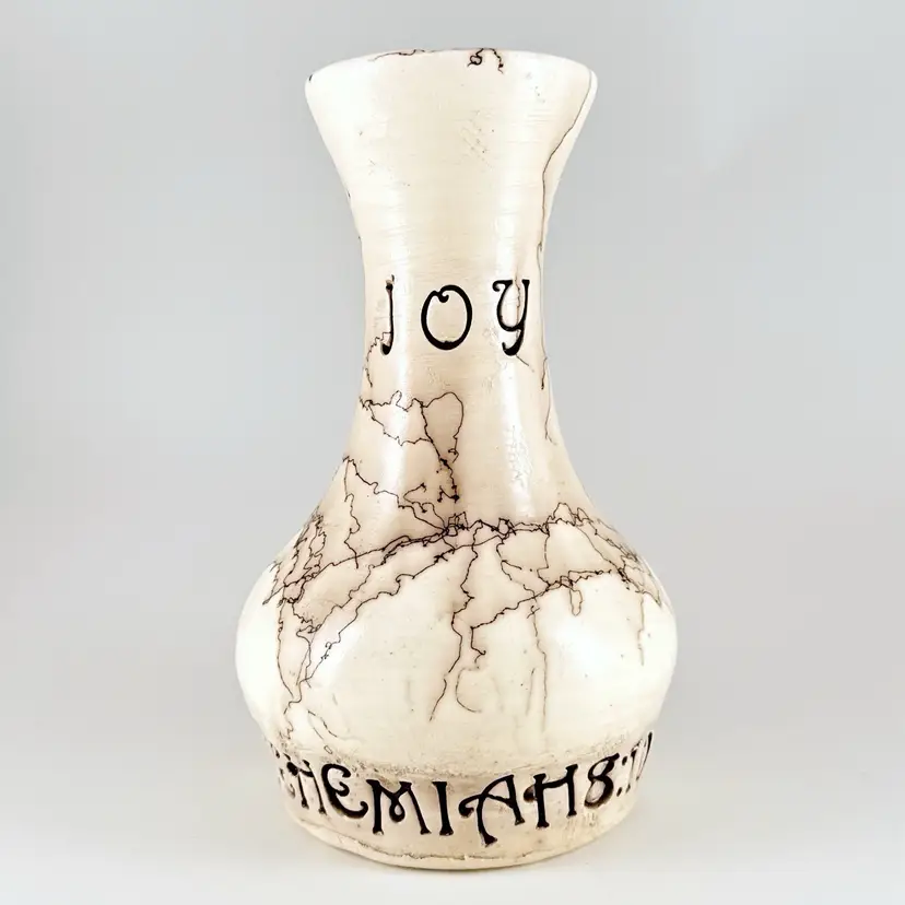 Shawn Salske/Makers Word, Horsehair Raku Pottery Vase, "JOY" Christian Bible Verse