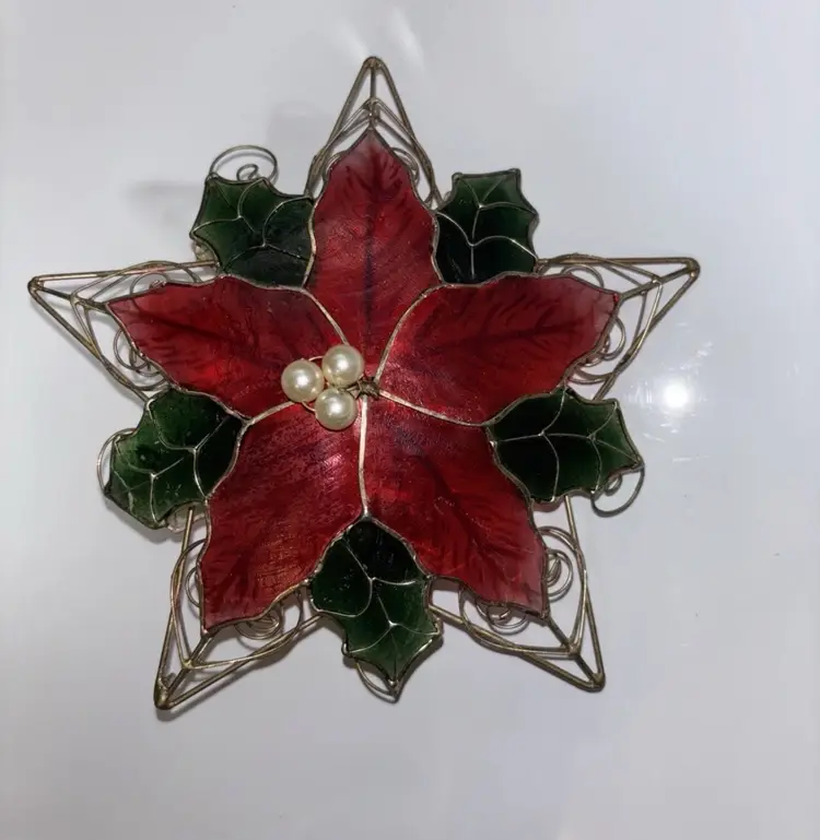 Vintage POINSETTIA Capiz Shell Pearl Metal Star Christmas Tree Topper Star (C4)