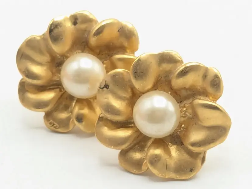 Vintage Gold Tone Flower Clip-On Earrings with Faux Pearls
