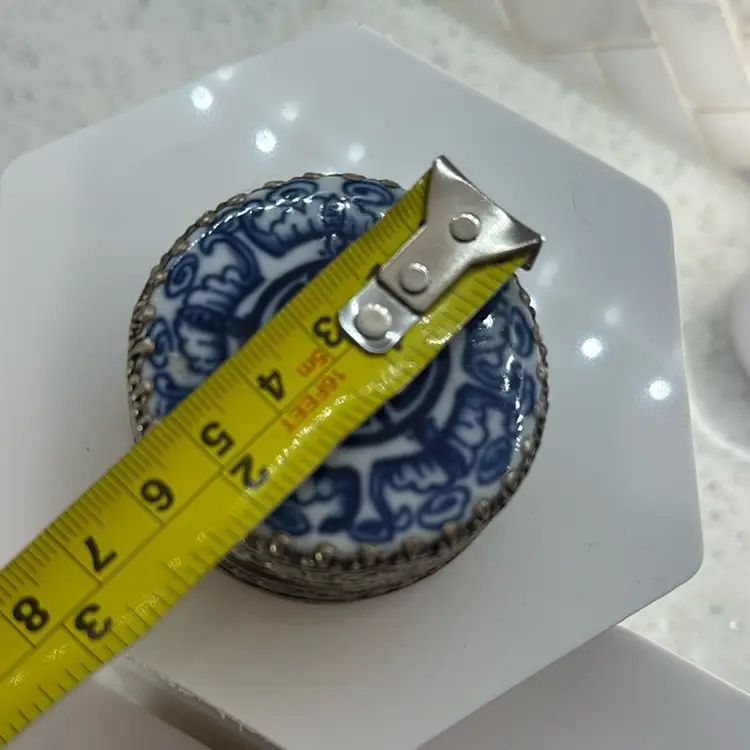 Beautiful Vintage Chinese Silver-Plated Round Porcelain Top with mirror inside lid/ Tile Trinket Box w/ Vanity Mirror