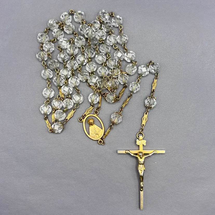 Vintage AFCO 1/20 12KGF Gold Tone Crystal Beads Rosary 24.5" 2" Crucifix