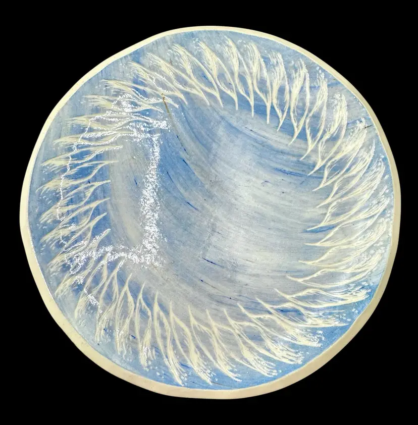 Signed L Pedersen Studio Art Pottery Plate Sgraffito Blue White Feather 10.25”
