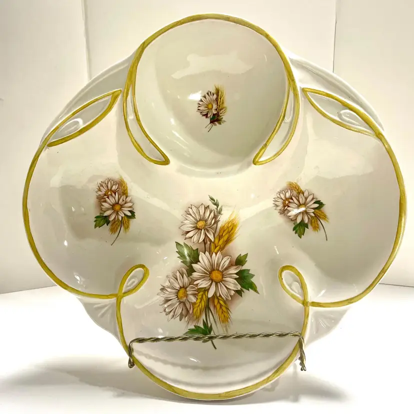 Vintage California Pottery Ceramic Divided Serving Bowl- Daisy and Wheat Print