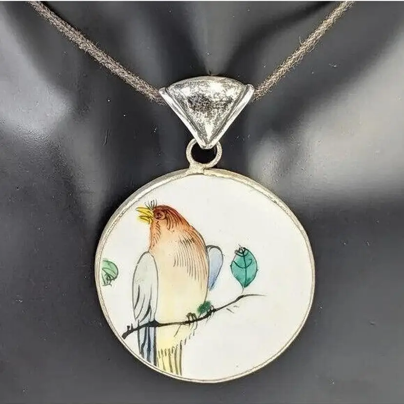 Bird Pendant Sterling Silver Hand Painted Broken China Repurpose Vintage/Antique