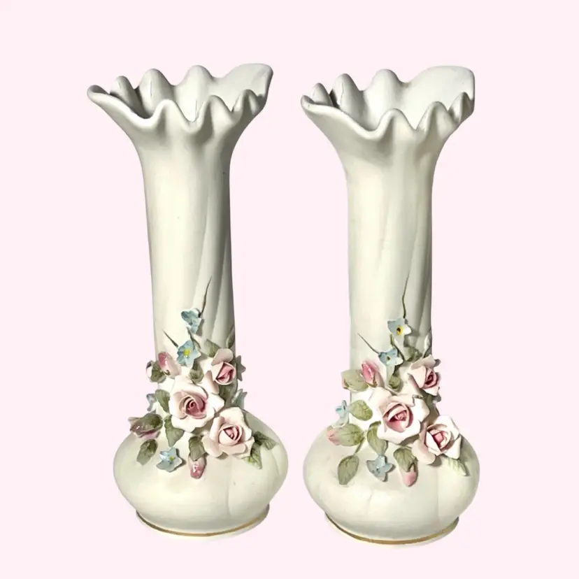 Vintage Lefton Bud Vase Pair Applied Pink Blue Roses Flowers #829 Japan Bisque Porcelain Bisque