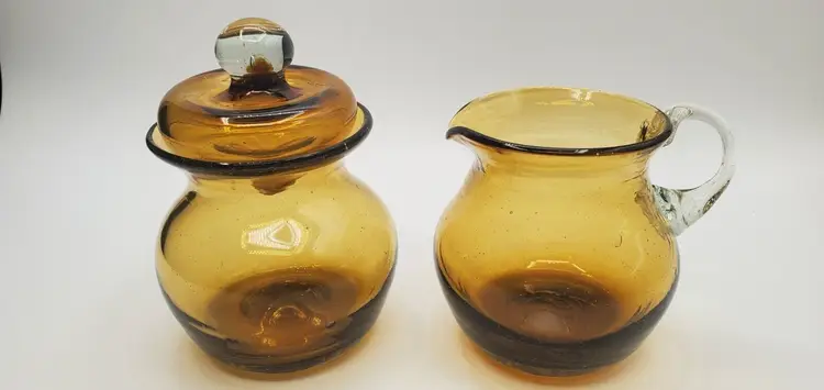 Vintage Handblown Amber Glass Creamer and Sugar Dish