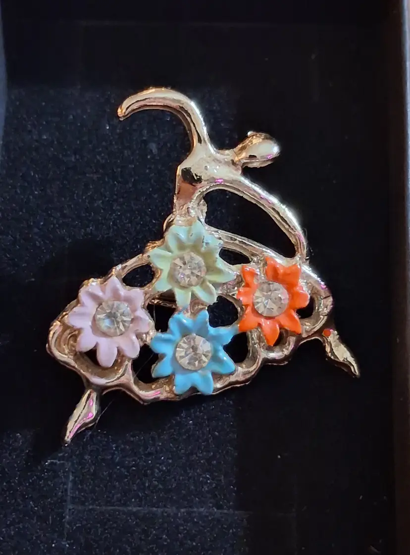 Graceful Ballerina Goldtone Brooch Colorful Enamel & Rhinestone Flowers