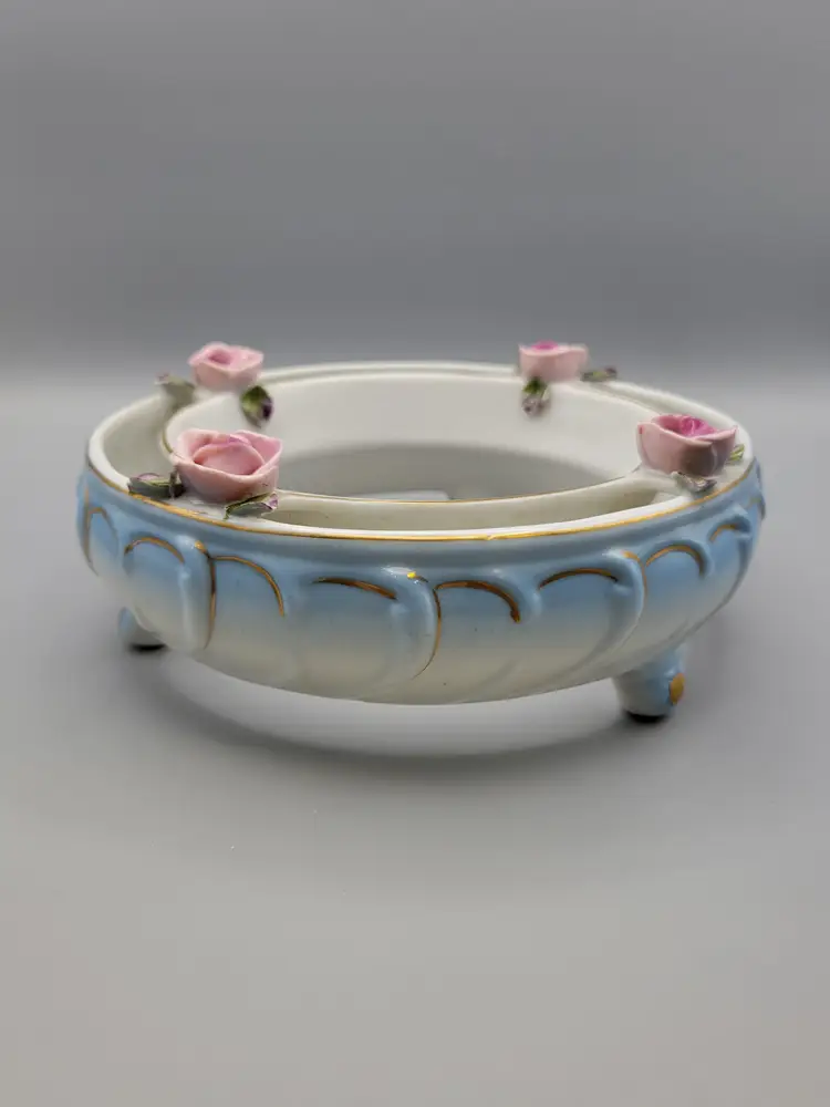 Painted Porcelain Ring Vase with Pink Roses